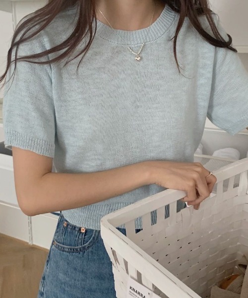 MANGROVE（マングローブ）の「カットアウトクロップドニットトップス（Tシャツ/カットソー・レディース・ホワイト/ライトブルー/ブラック/ピンク/グリーン・FREE）」の14枚目の写真