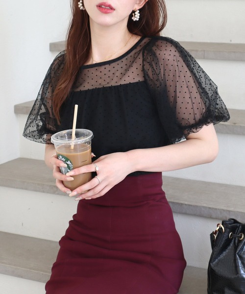 ROYAL PARTY（ロイヤルパーティー）の「チュール重ねカットトップス（Tシャツ/カットソー・レディース・ブラック/オフホワイト/ピンクベージュ・FREE）」の2枚目の写真