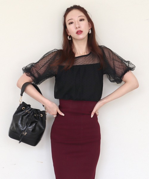 ROYAL PARTY（ロイヤルパーティー）の「チュール重ねカットトップス（Tシャツ/カットソー・レディース・ブラック/オフホワイト/ピンクベージュ・FREE）」の4枚目の写真