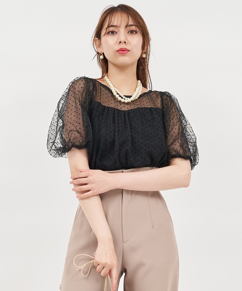 ROYAL PARTY（ロイヤルパーティー）の「チュール重ねカットトップス（Tシャツ/カットソー・レディース・ブラック/オフホワイト/ピンクベージュ・FREE）」の6枚目の写真