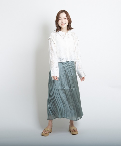 PAPAVER(パパヴェル)の「【papaver】オーロラサテンプリーツSK(スカート・レディース・グリーン/モカ/グレー/ベージュ/オフホワイト・MEDIUM)」の1枚目の写真