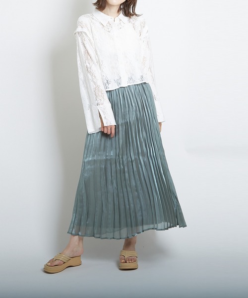 PAPAVER(パパヴェル)の「【papaver】オーロラサテンプリーツSK(スカート・レディース・グリーン/モカ/グレー/ベージュ/オフホワイト・MEDIUM)」の11枚目の写真