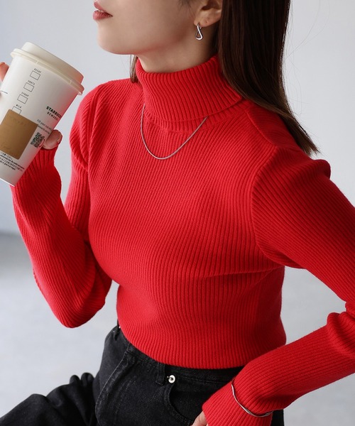 Riberry（リベリー）の「リブタートルネックニット（ニット/セーター・レディース・イエロー/レンガ/グリーン/ブラウン/ブラック/オフホワイト/ベージュ/ホワイト×ブラック/ブルー/ライトグレー/グリーン系/レッド/オレンジ・FREE）」の11枚目の写真