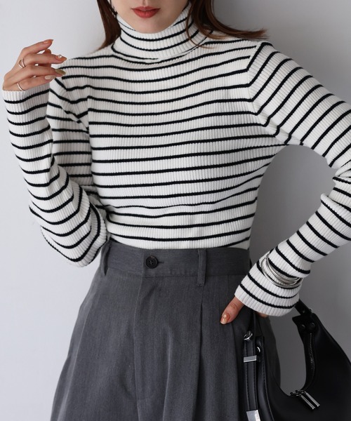 Riberry（リベリー）の「リブタートルネックニット（ニット/セーター・レディース・イエロー/レンガ/グリーン/ブラウン/ブラック/オフホワイト/ベージュ/ホワイト×ブラック/ブルー/ライトグレー/グリーン系/レッド/オレンジ・FREE）」の14枚目の写真