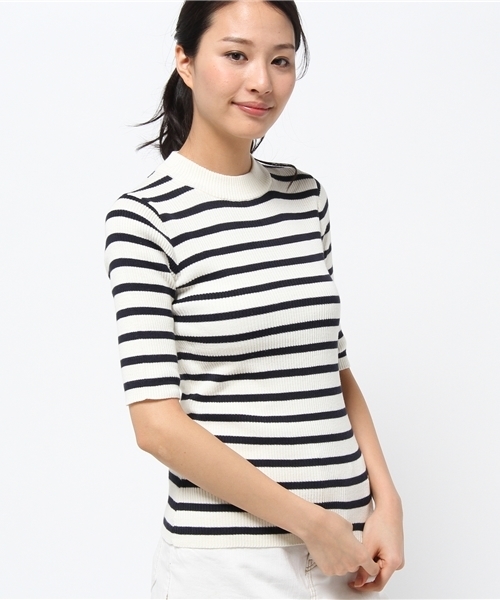 CIAOPANIC（チャオパニック）の「【Ciaopanic】 C1005分袖ボーダーRIBハイネック（ニット/セーター・レディース・ネイビー/グレー/レッド・FREE）」の2枚目の写真