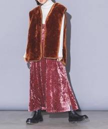 hunch | あったかい手触り、ベロアロング丈キャミドレス | レトロ クラッシュベロア ヴィンテージ 無地 花柄 秋冬 華奢見え 上品(ワンピース)