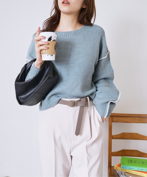 FREE'S MART(フリーズマート)の「◆杢ストレッチ総針配色ステッチニット(ニット/セーター・レディース・ホワイト/ブラック/ベージュ/ブルー・FREE)」の10枚目の写真