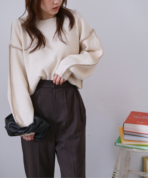 FREE'S MART(フリーズマート)の「◆杢ストレッチ総針配色ステッチニット(ニット/セーター・レディース・ホワイト/ブラック/ベージュ/ブルー・FREE)」の6枚目の写真