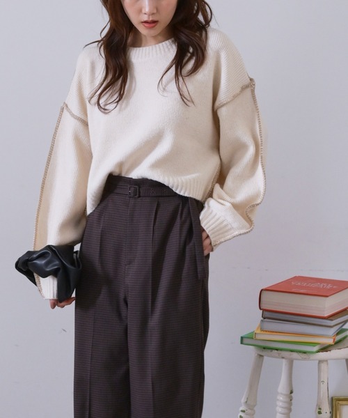 FREE'S MART(フリーズマート)の「◆杢ストレッチ総針配色ステッチニット(ニット/セーター・レディース・ホワイト/ブラック/ベージュ/ブルー・FREE)」の16枚目の写真