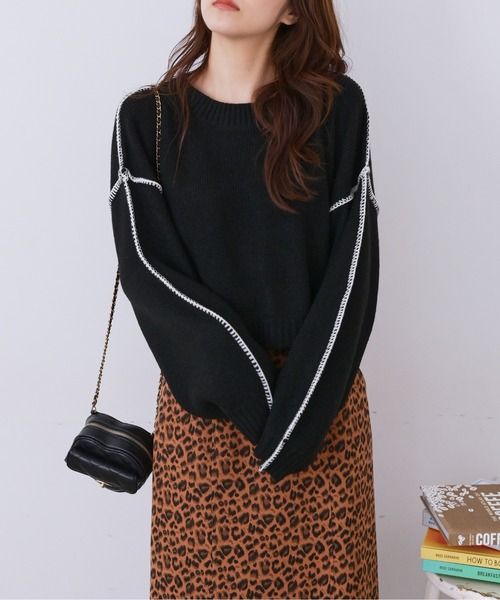 FREE'S MART(フリーズマート)の「◆杢ストレッチ総針配色ステッチニット(ニット/セーター・レディース・ホワイト/ブラック/ベージュ/ブルー・FREE)」の7枚目の写真