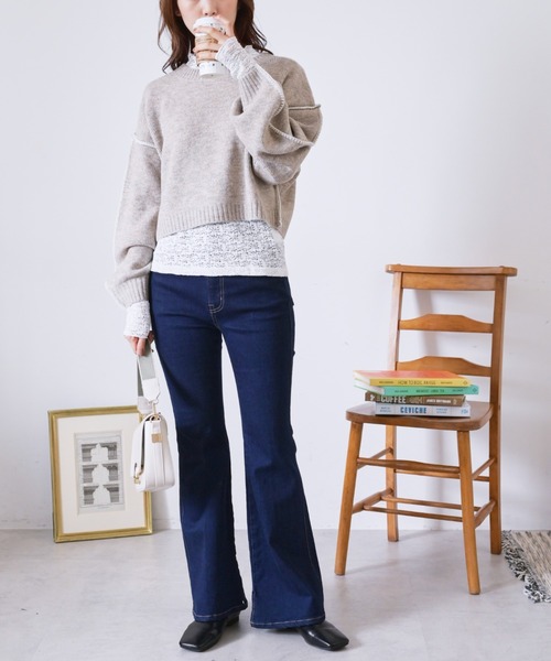 FREE'S MART(フリーズマート)の「◆杢ストレッチ総針配色ステッチニット(ニット/セーター・レディース・ホワイト/ブラック/ベージュ/ブルー・FREE)」の8枚目の写真