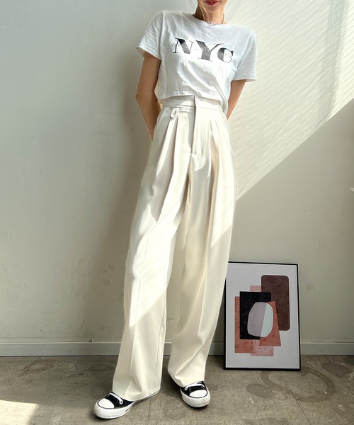 秋新色4サイズ展開】ハイウエストツータックスラックス（スラックス