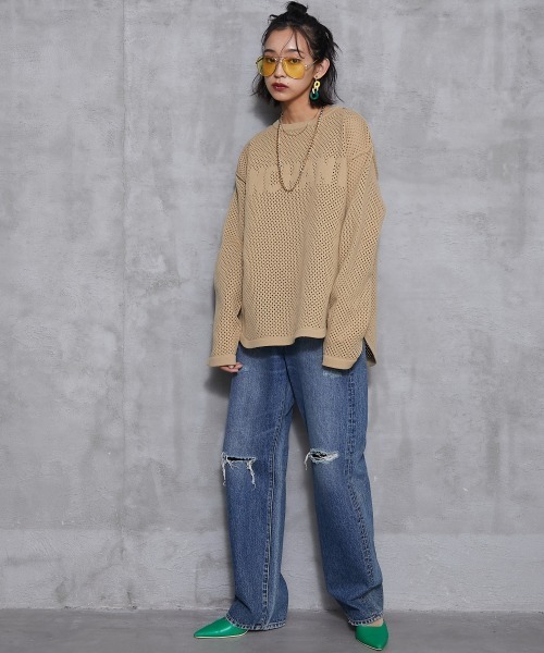 GEVS.(ジェイヴィス)の「<大きいサイズ> ロゴジャガードメッシュニットプルオーバー GEVS.(ニット/セーター・レディース・ブラック/ベージュ・L~LL/3L~4L/5L~6L)」の5枚目の写真
