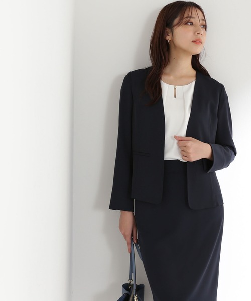 NATURAL BEAUTY BASIC(ナチュラルビューティーベーシック)の「【洗える】<ポリエステルドビーSET UP>ノーカラージャケット(ノーカラージャケット・レディース・グレー/ネイビー/ベージュ・MEDIUM/X-SMALL/SMALL/LARGE)」の3枚目の写真