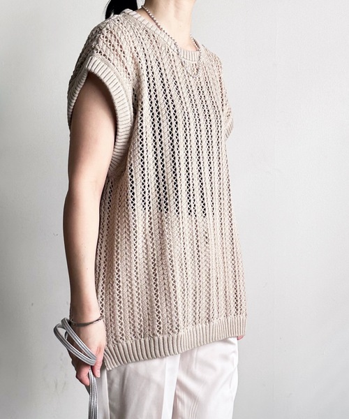 COMMON WARE（コモンウェアー）の「COMMONWARE:透かし編み メッシュ ベスト（ベスト・レディース・グリーン/ベージュ/ブラック・L/M）」の18枚目の写真