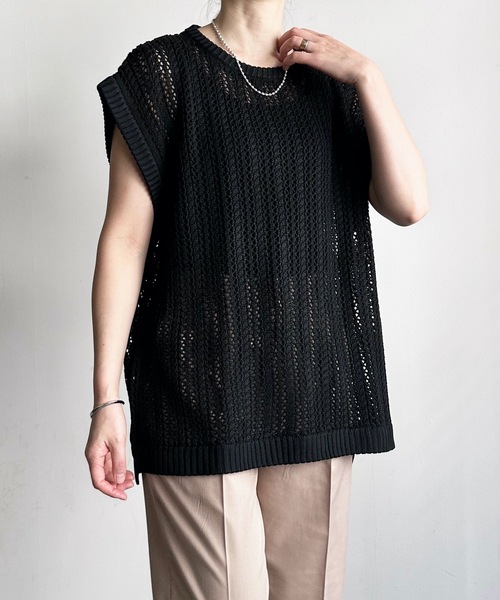 COMMON WARE（コモンウェアー）の「COMMONWARE:透かし編み メッシュ ベスト（ベスト・レディース・グリーン/ベージュ/ブラック・L/M）」の15枚目の写真