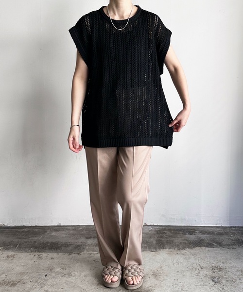 COMMON WARE（コモンウェアー）の「COMMONWARE:透かし編み メッシュ ベスト（ベスト・レディース・グリーン/ベージュ/ブラック・L/M）」の6枚目の写真