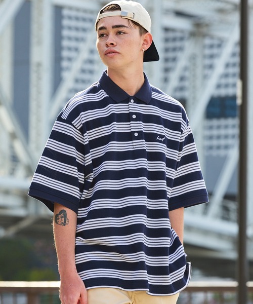 HECT(ヘクト)の「【HECT】Big Multi Border S/S Tee / ビッグシルエットマルチボーダーポロシャツ(ポロシャツ・メンズ・ホワイト/ネイビー/オリーブ/サックスブルー/ブラック・L/XL/M)」の4枚目の写真