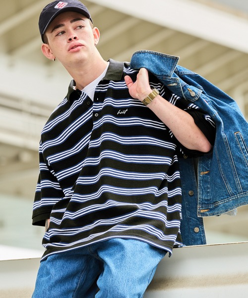 HECT(ヘクト)の「【HECT】Big Multi Border S/S Tee / ビッグシルエットマルチボーダーポロシャツ(ポロシャツ・メンズ・ホワイト/ネイビー/オリーブ/サックスブルー/ブラック・L/XL/M)」の2枚目の写真