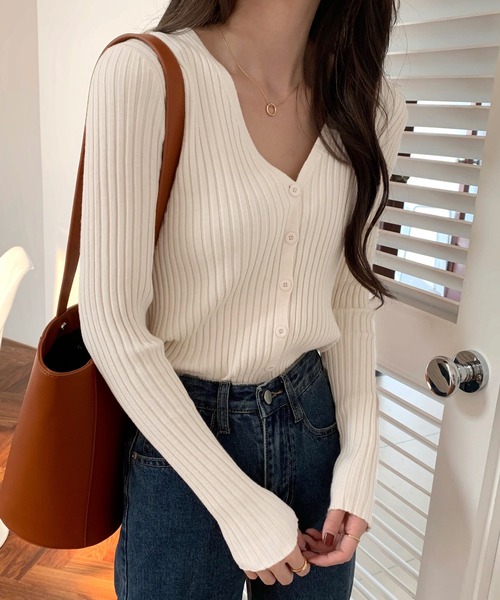 セール】Vネックリブニットカーディガン（カーディガン/ボレロ