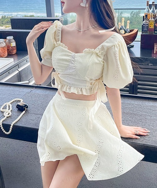 Dalfwin（ダールフィン）の「レースアップリボンデザインワンピースorセパレートスカート　水着（水着・レディース・アイボリー/ブラック/ホワイト系/ブラック系/グリーン/グリーン系・ONE SIZE/FREE）」の3枚目の写真