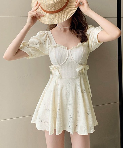 Dalfwin（ダールフィン）の「レースアップリボンデザインワンピースorセパレートスカート　水着（水着・レディース・アイボリー/ブラック/ホワイト系/ブラック系/グリーン/グリーン系・ONE SIZE/FREE）」の2枚目の写真