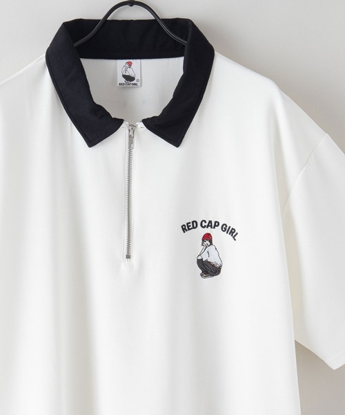Red Cap Girl(レッドキャプガール)の「【RED CAP GIRL/レッドキャップガール】 とろみ冷感 接触冷感 ポンチ素材 ワンポイント刺繍 ビッグシルエット フロントジップポロ ユニセックス(ポロシャツ・メンズ・ホワイト/ブラック/グレー/ブルー・MEDIUM/LARGE)」の1枚目の写真