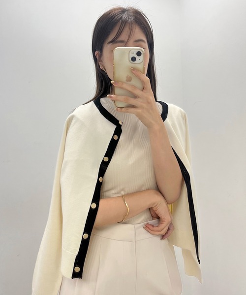 Cherie chuu(シェリーチュウ)の「【Cherie chuu】配色ニットカーディガン(カーディガン/ボレロ・レディース・杢グレー/ブルー/ホワイト×ブラック/ネイビー・FREE)」の6枚目の写真
