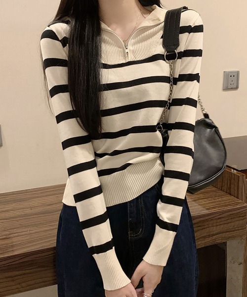 NinaetLina(ニナエリナ)の「ハーフジップボーダーニットプルオーバー(ニット/セーター・レディース・ホワイト/ブラック/ベージュ・FREE)」の3枚目の写真