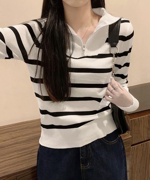 NinaetLina(ニナエリナ)の「ハーフジップボーダーニットプルオーバー(ニット/セーター・レディース・ホワイト/ブラック/ベージュ・FREE)」の4枚目の写真