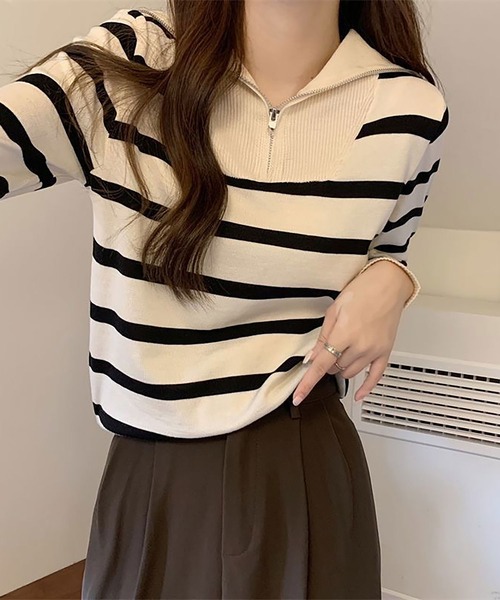 NinaetLina(ニナエリナ)の「ハーフジップボーダーニットプルオーバー(ニット/セーター・レディース・ホワイト/ブラック/ベージュ・FREE)」の7枚目の写真
