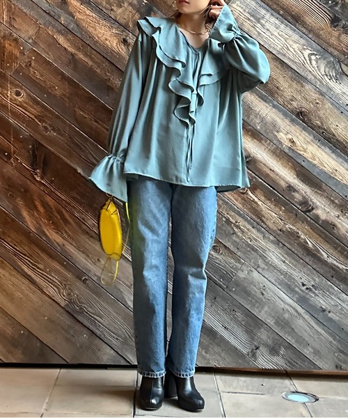 MAX MARA ✨シャツ　ブラウス　フリル　ボタン　ピンタック　モカ MA*RS】肩開きフリルスライダーブラウス - ブラック size-F