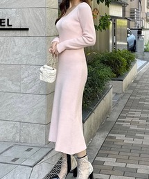 ウォッシャブルVネックロングニットワンピース