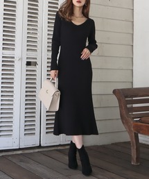 ウォッシャブルVネックロングニットワンピース