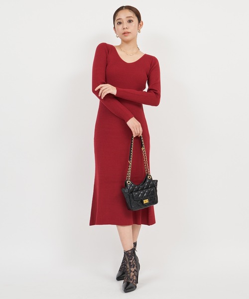 セール】ウォッシャブルVネックロングニットワンピース（ワンピース  