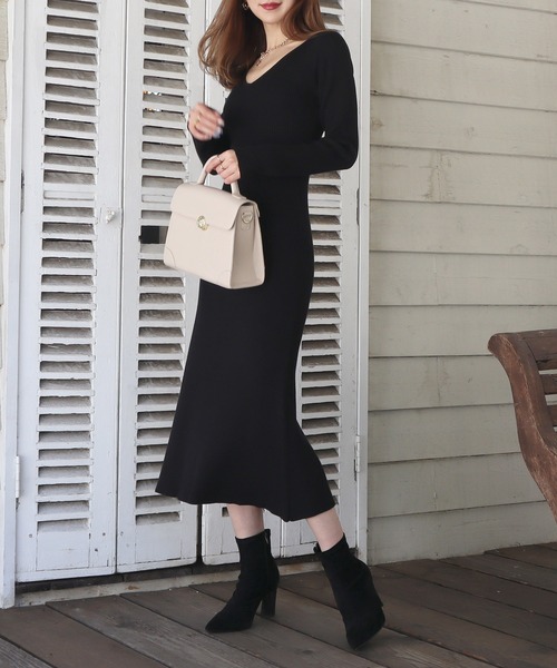 セール】ウォッシャブルVネックロングニットワンピース（ワンピース