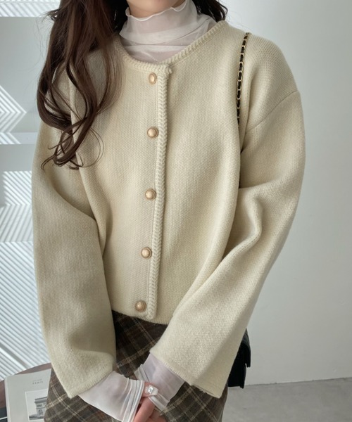 セール】パイピング 金ボタン ニット カーディガン