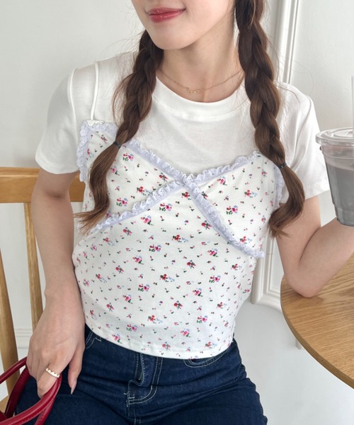 Loueme（ルエム）の「フラワーレースキャミ＋Tシャツ【2点SET】（Tシャツ/カットソー・レディース・ブラック/ホワイト/グレー・FREE）」の2枚目の写真