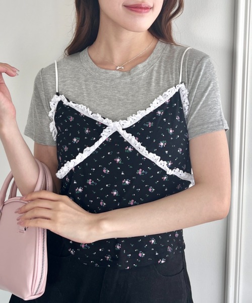 Loueme（ルエム）の「フラワーレースキャミ＋Tシャツ【2点SET】（Tシャツ/カットソー・レディース・ブラック/ホワイト/グレー・FREE）」の14枚目の写真