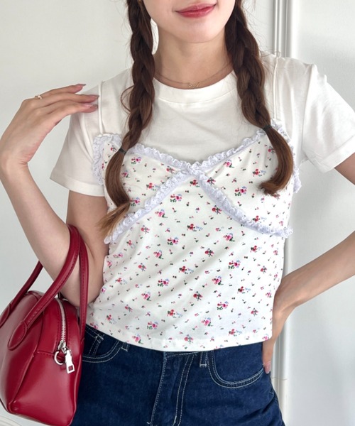 Loueme（ルエム）の「フラワーレースキャミ＋Tシャツ【2点SET】（Tシャツ/カットソー・レディース・ブラック/ホワイト/グレー・FREE）」の4枚目の写真
