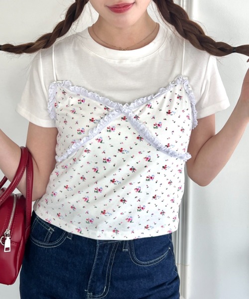 Loueme（ルエム）の「フラワーレースキャミ＋Tシャツ【2点SET】（Tシャツ/カットソー・レディース・ブラック/ホワイト/グレー・FREE）」の5枚目の写真