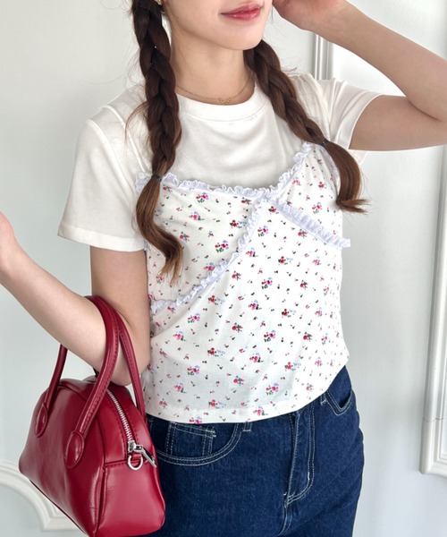 Loueme（ルエム）の「フラワーレースキャミ＋Tシャツ【2点SET】（Tシャツ/カットソー・レディース・ブラック/ホワイト/グレー・FREE）」の6枚目の写真