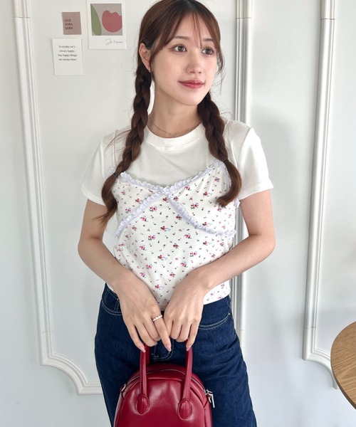 Loueme（ルエム）の「フラワーレースキャミ＋Tシャツ【2点SET】（Tシャツ/カットソー・レディース・ブラック/ホワイト/グレー・FREE）」の7枚目の写真