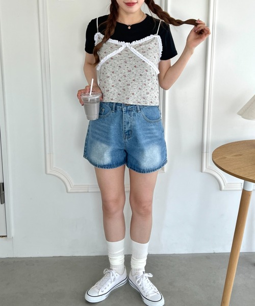 Loueme（ルエム）の「フラワーレースキャミ＋Tシャツ【2点SET】（Tシャツ/カットソー・レディース・ブラック/ホワイト/グレー・FREE）」の12枚目の写真