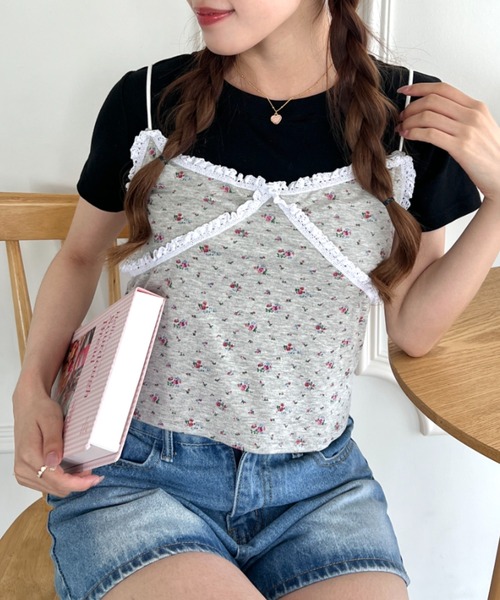 Loueme（ルエム）の「フラワーレースキャミ＋Tシャツ【2点SET】（Tシャツ/カットソー・レディース・ブラック/ホワイト/グレー・FREE）」の10枚目の写真