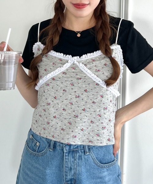 Loueme（ルエム）の「フラワーレースキャミ＋Tシャツ【2点SET】（Tシャツ/カットソー・レディース・ブラック/ホワイト/グレー・FREE）」の9枚目の写真