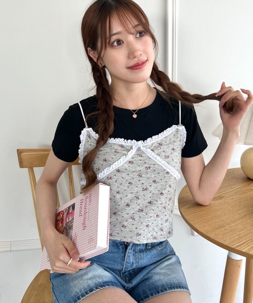 Loueme（ルエム）の「フラワーレースキャミ＋Tシャツ【2点SET】（Tシャツ/カットソー・レディース・ブラック/ホワイト/グレー・FREE）」の11枚目の写真