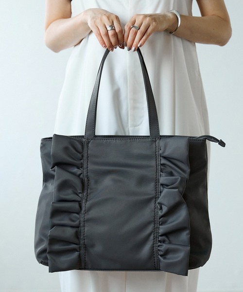 ほうじ茶様オーダー　フリルなし　キルト特大トートバッグ　スイムダンクレア黒グレー グッシオベーシック】ナイロンフリルトートバッグ A4対応（トート