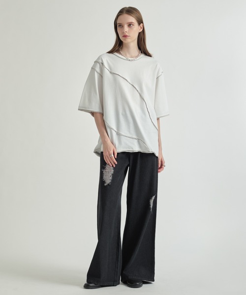 selle glant(セレグランテ)の「SWITCHUNG DESIGN T/キリカエデザインルーズTシャツ(Tシャツ/カットソー・メンズ・ブラック/オフホワイト/グレイッシュブルー・MEDIUM/LARGE)」の15枚目の写真