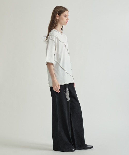 selle glant(セレグランテ)の「SWITCHUNG DESIGN T/キリカエデザインルーズTシャツ(Tシャツ/カットソー・メンズ・ブラック/オフホワイト/グレイッシュブルー・MEDIUM/LARGE)」の16枚目の写真